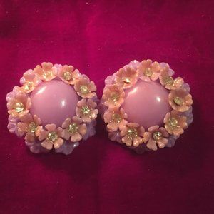 Mid-Century Big Lilac Clip On Earrings Bakelite Rhinestones Vintage 50s Stunners